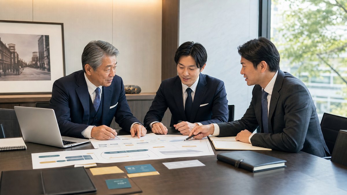 会社の引き継ぎ計画を話し合う経営者と後継候補とM&Aアドバイザー