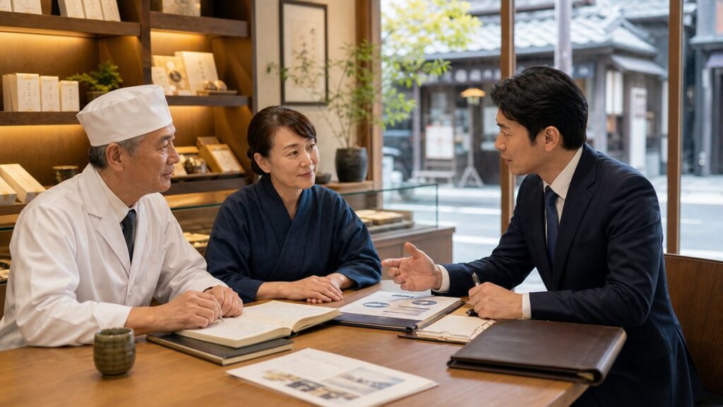 人形町周辺の老舗店舗ののれんと顧客承継を説明するM&Aコラムのアイキャッチ