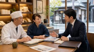 人形町周辺の老舗店舗ののれんと顧客承継を説明するM&Aコラムのアイキャッチ