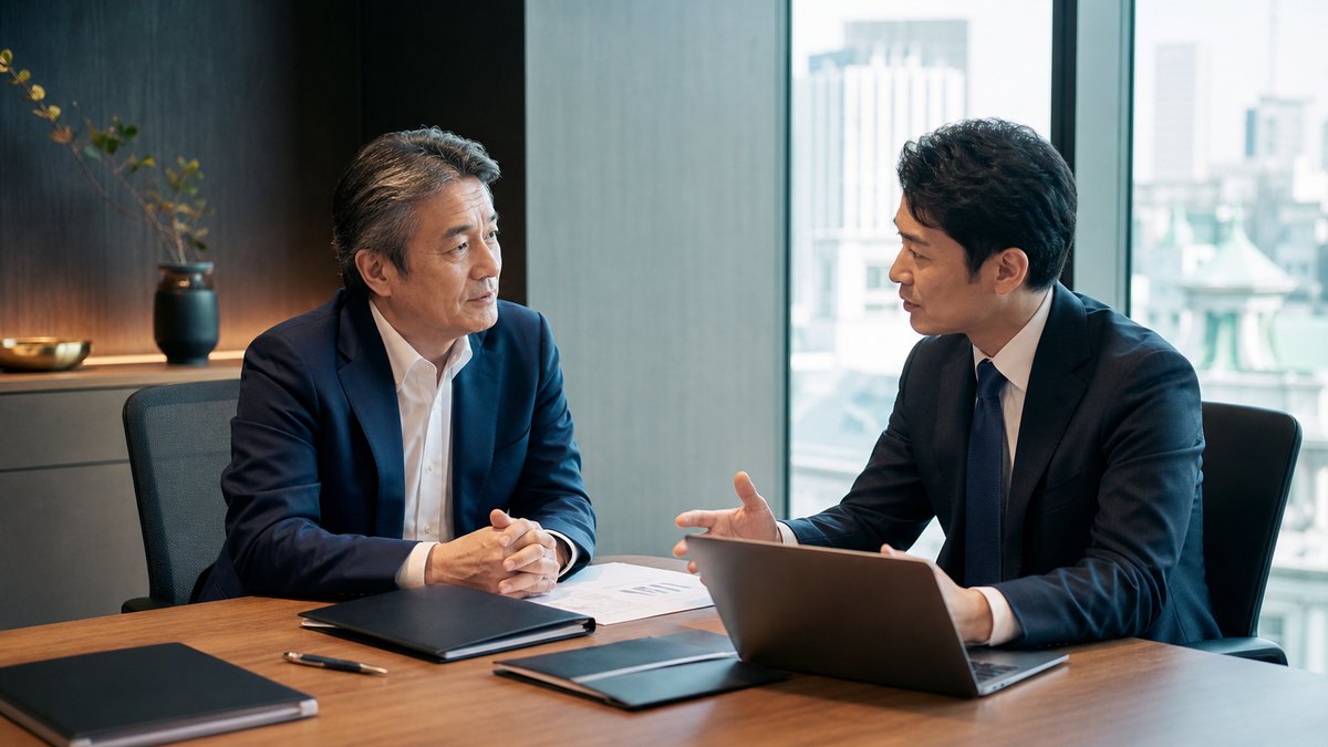日本橋周辺の会社売却について秘密保持を前提に相談する経営者とM&Aアドバイザー