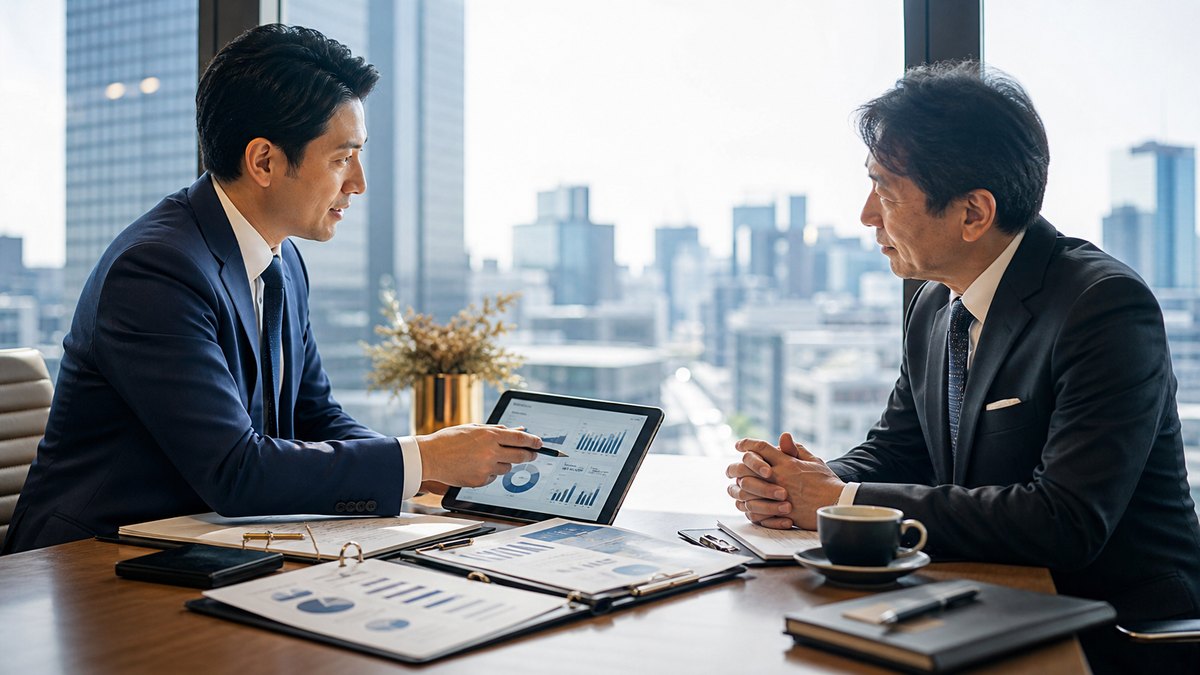 会社売却前の価値評価資料を確認する日本橋の経営者とM&Aアドバイザー