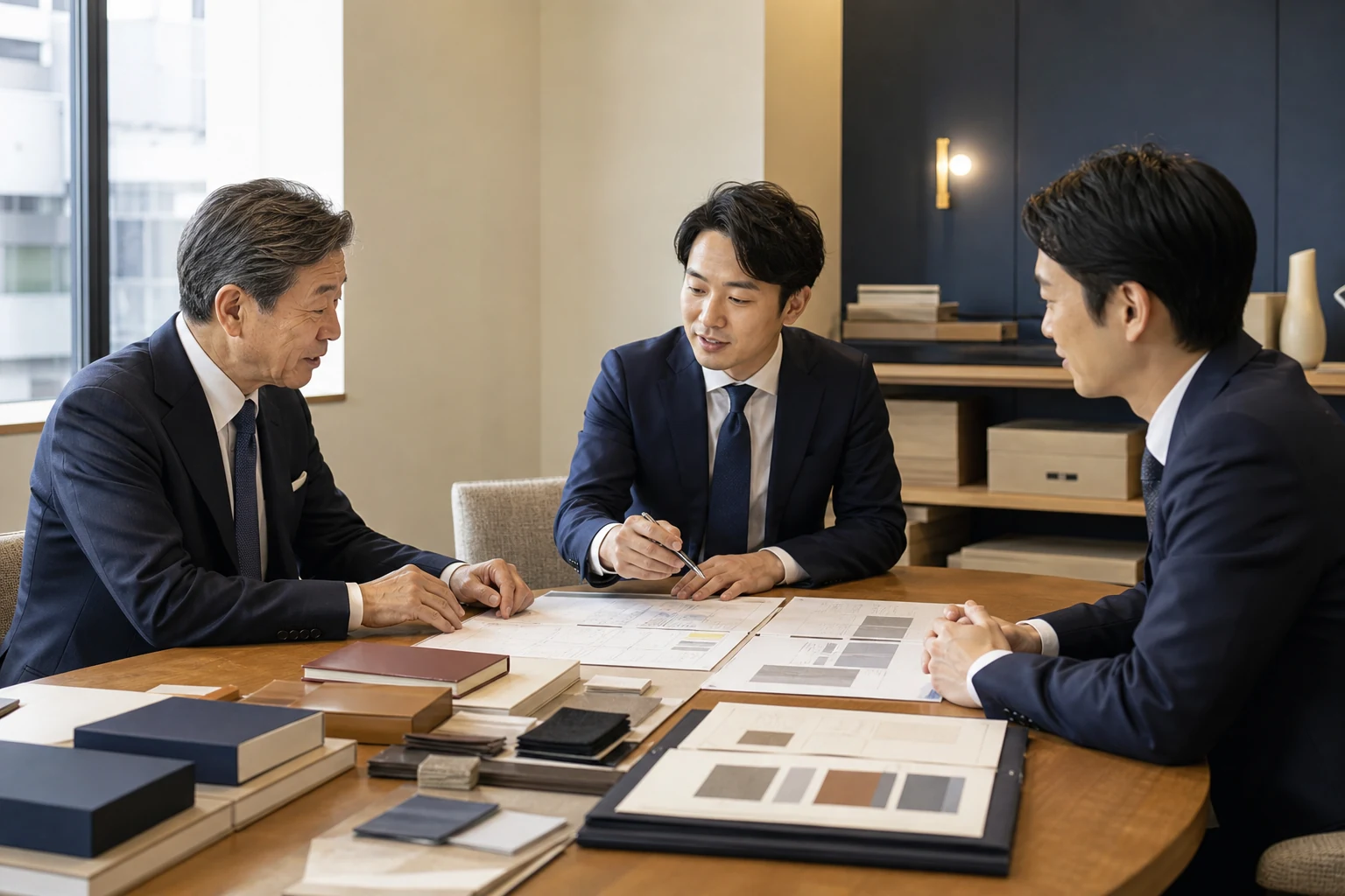 日本橋周辺の商流や在庫、人材、契約の引継ぎ計画を確認する架空の関係者