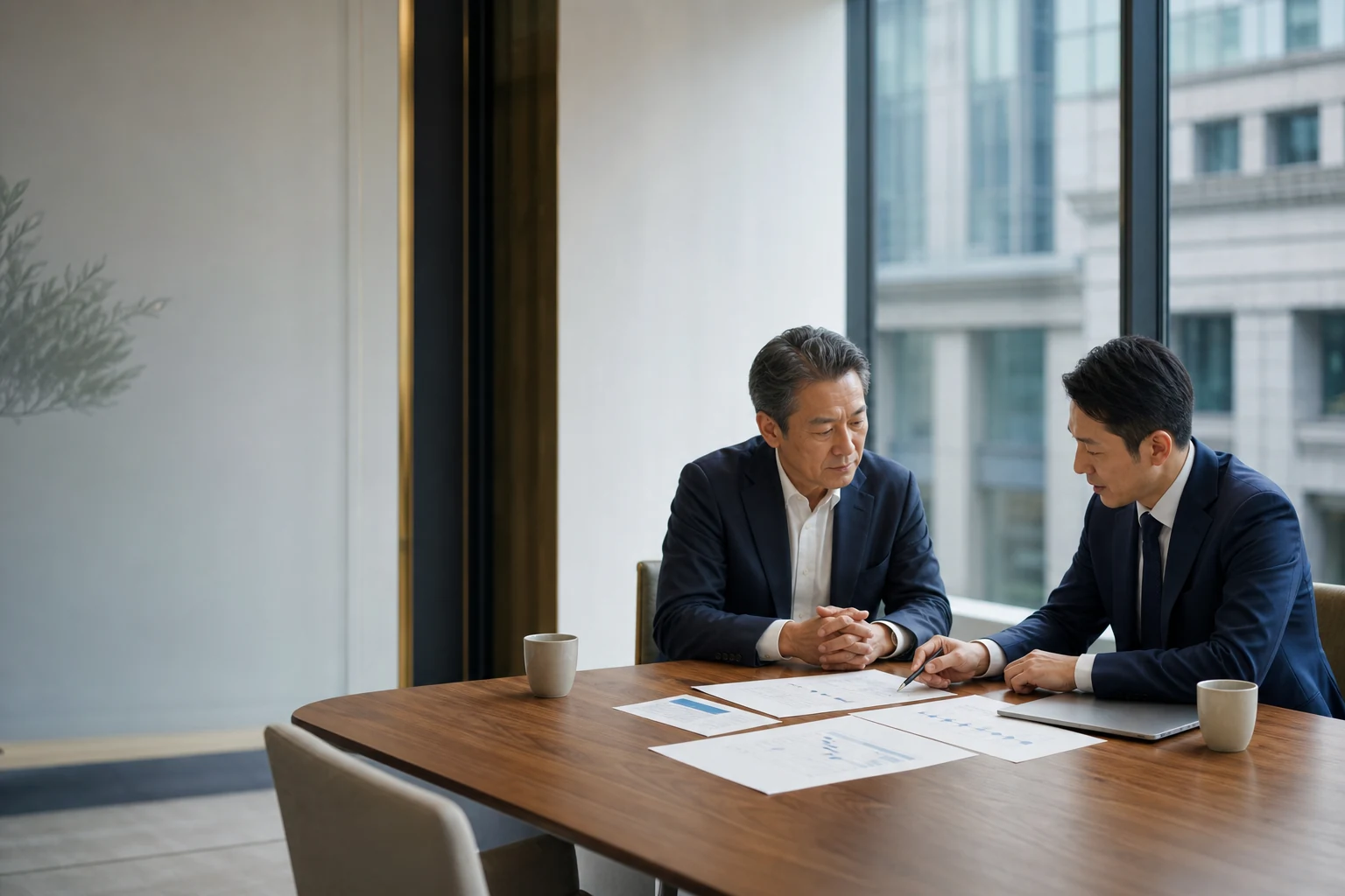 日本橋周辺を想定した会議室で事業承継計画を確認する架空の経営者とM&Aアドバイザー